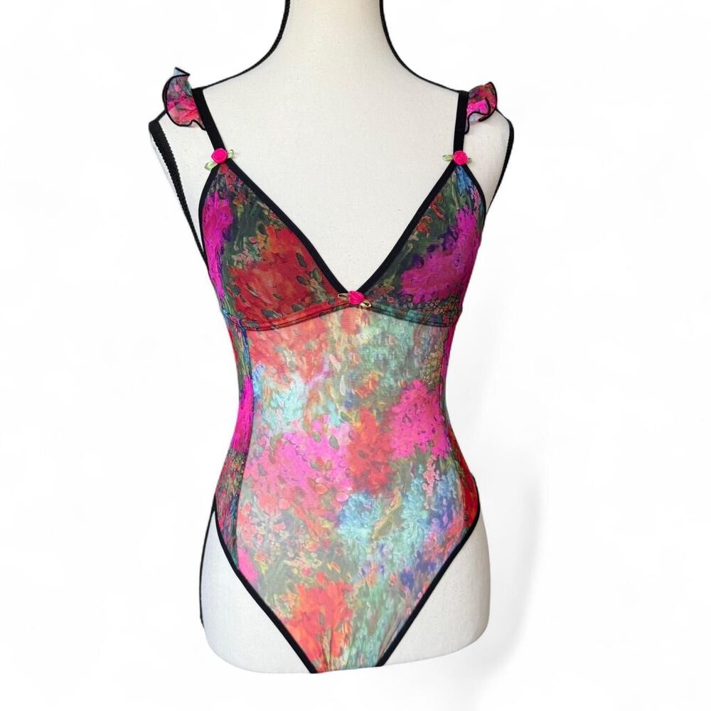 Parade Women's Silky Mesh Flutter Strap Bodysuit XS Abstract Festival Rave